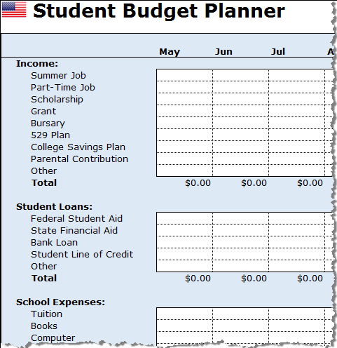 home budget planner. student udget planner usa
